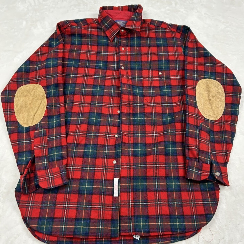 Pendleton Wool Shirt Mens Large Red Plaid Elbow Patches Made in USA Vintage